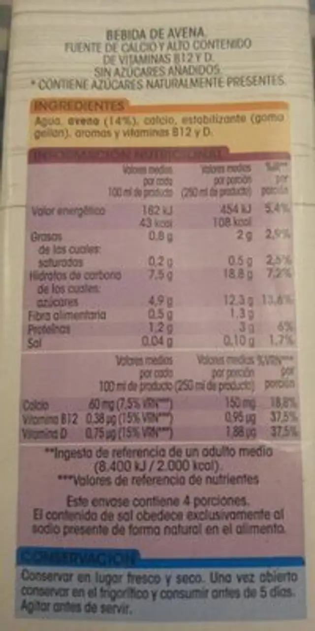 Bebida de Avena nutrition facts table