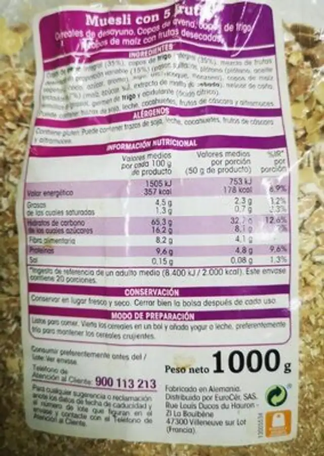 Muesli Frutas nutrition facts table