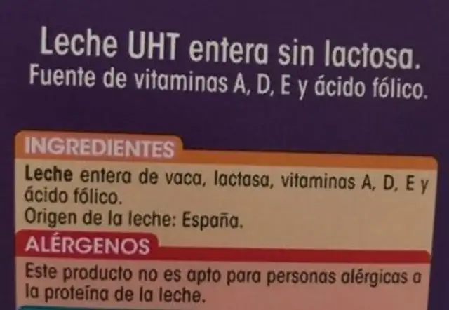 Leche entera sin lactosa ingredients label