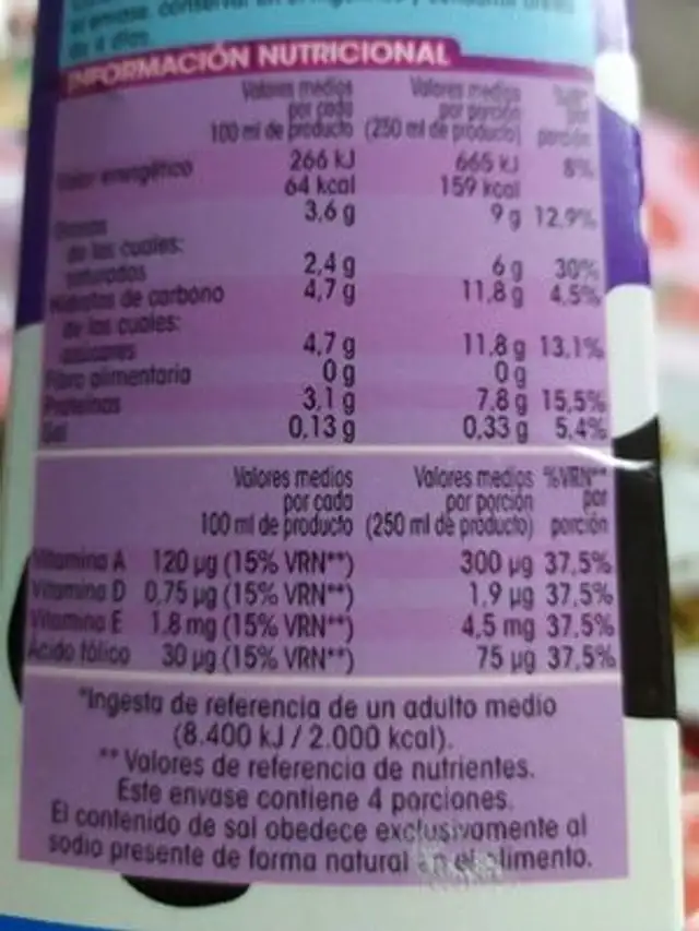 Leche entera sin lactosa nutrition facts table