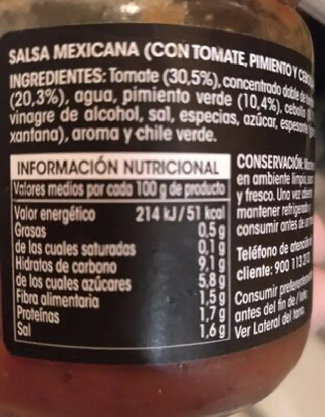 Salsa mexicana nutrition facts table
