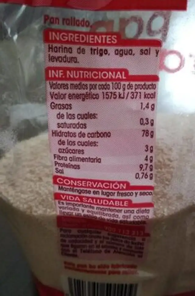 Pan rallado nutrition facts table