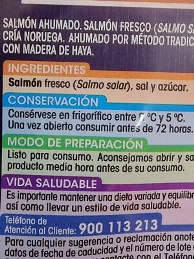 Salmón ahumado ingredients label