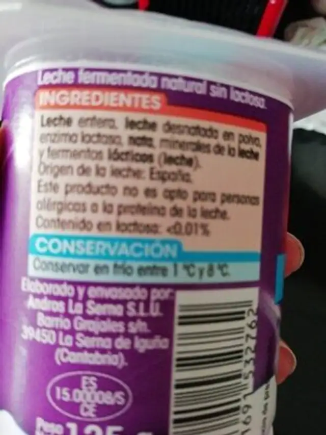 Yogur natural sin lactosa ingredients label