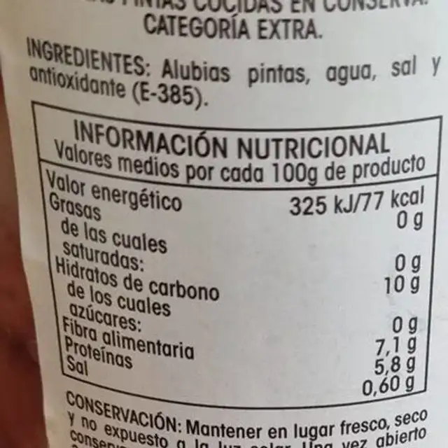 Alubias pintas extra nutrition facts table