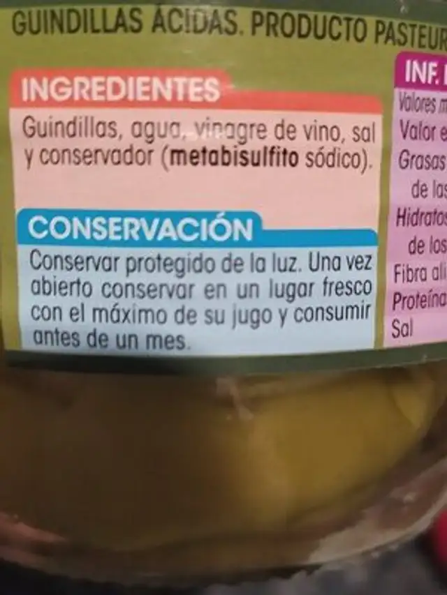 Guindillas en vinagre ingredients label