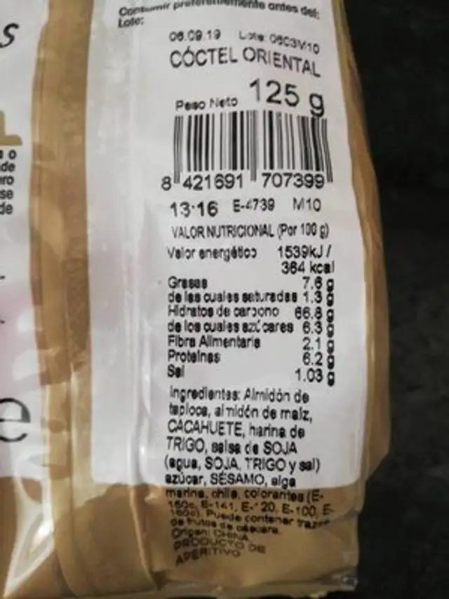 Coctel oriental nutrition facts table