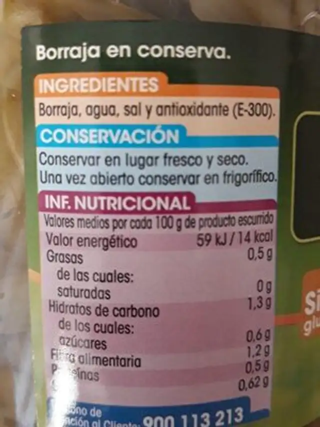 Borraja ingredients label