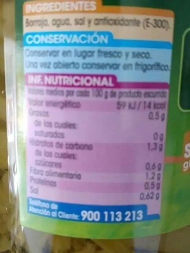 Borraja nutrition facts table