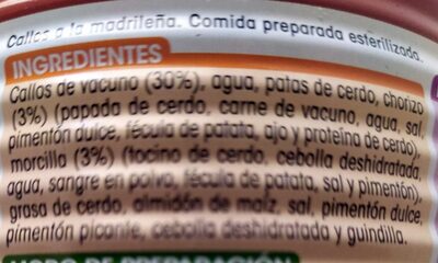 Callos a la madrileña ingredients label