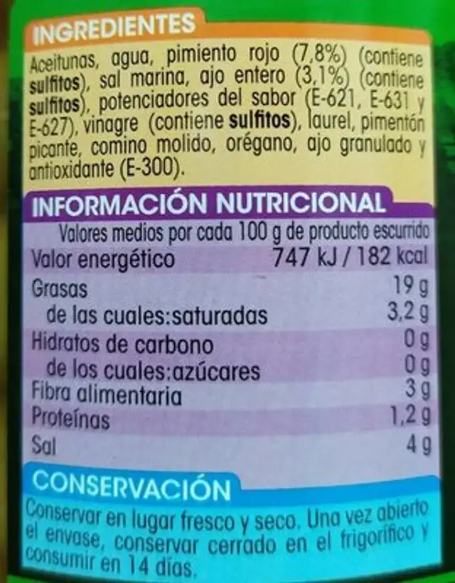Aceitunas verdes aliñadas estilo casero nutrition facts table