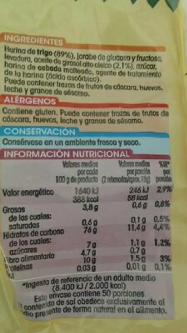 Biscotes Muy bajo contenido en sal nutrition facts table