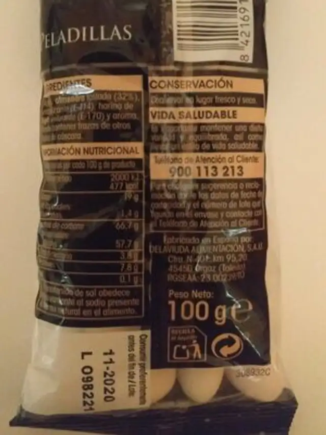 Peladillas nutrition facts table