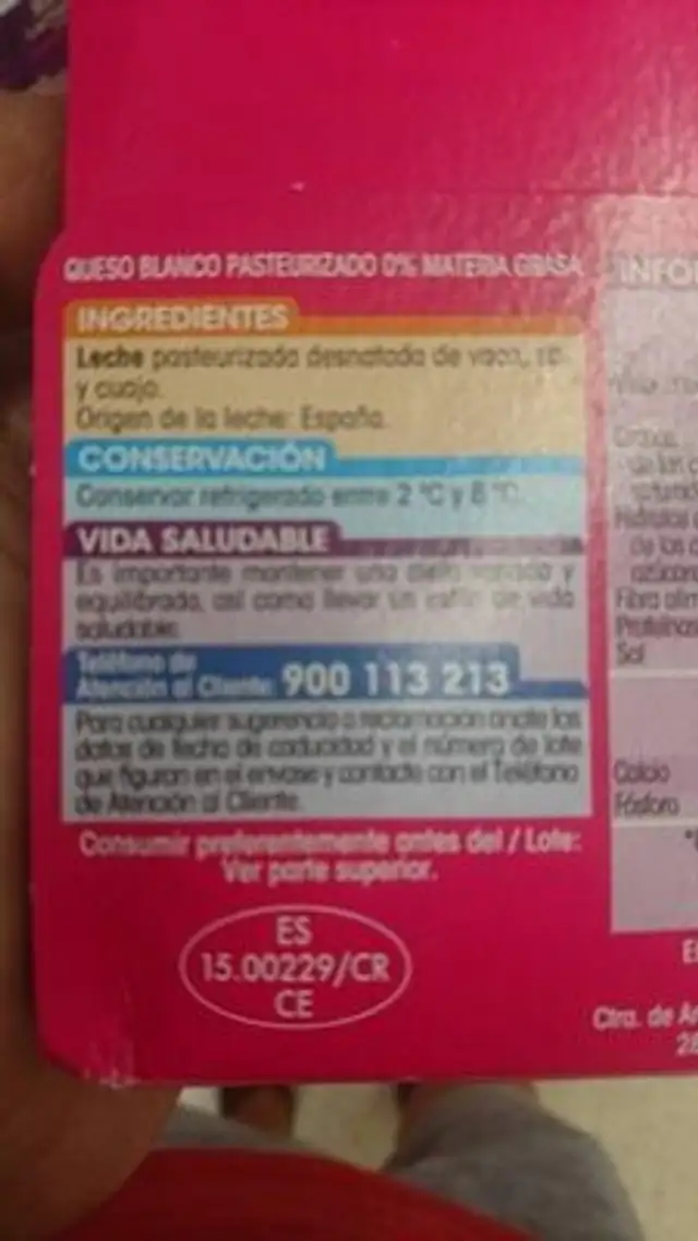 Queso blanco 0% materia grasa ingredients label
