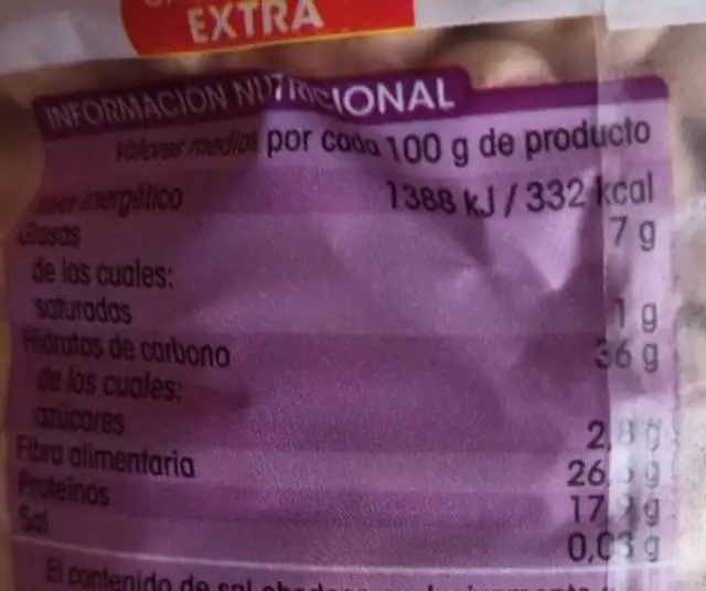 Garbanzo categoría extra nutrition facts table