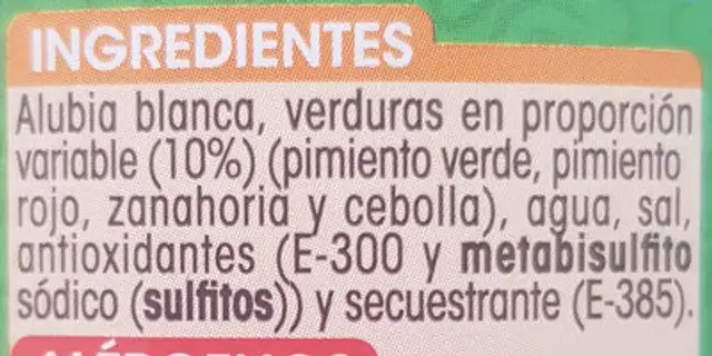 Alubias con verduras ingredients label