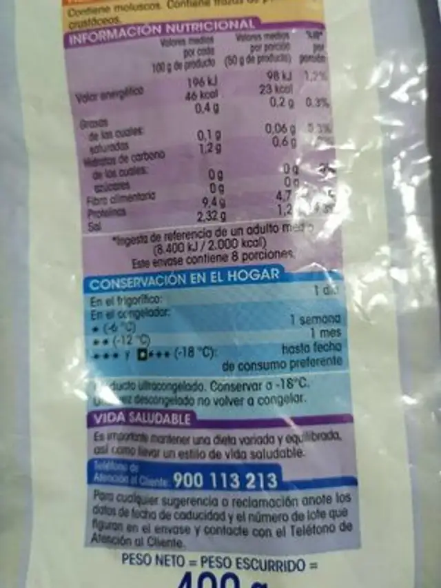 Anillas de pota argentina congeladas nutrition facts table
