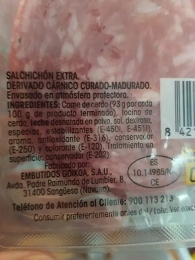 Salchichon Extra ingredients label