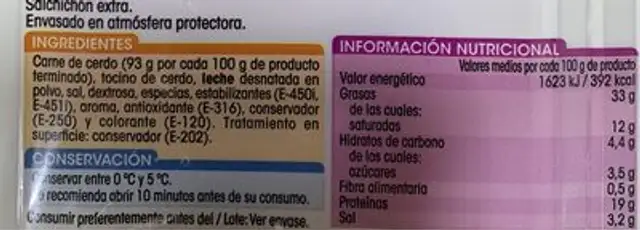 Salchichon Extra nutrition facts table