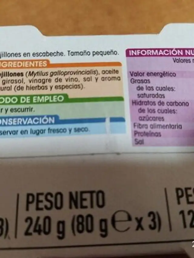 Mejillones de las Rías Gallegas ingredients label