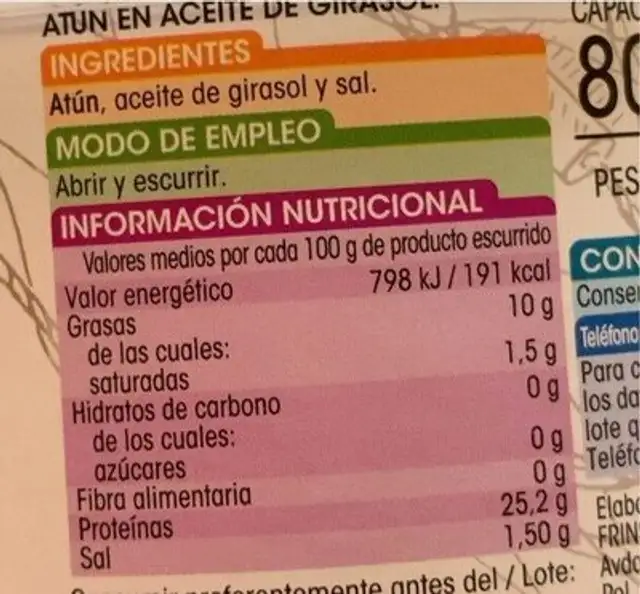 Atun en aceite de girasol nutrition facts table