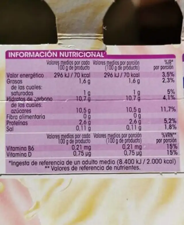 Leche fermentada azucarada semidesnatada con lcasei nutrition facts table