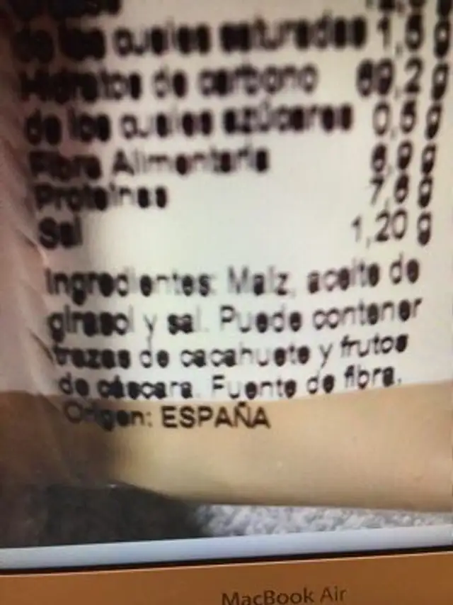 Frutos secos maíz frito ingredients label