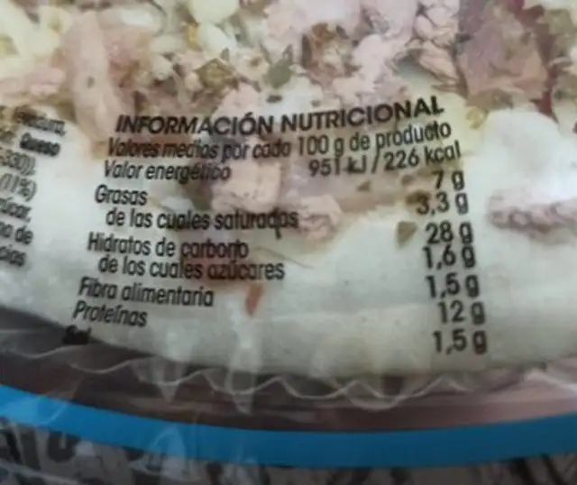 Pizza Atún y Bacon nutrition facts table