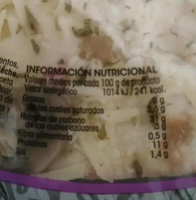 Pizza carbonara nutrition facts table