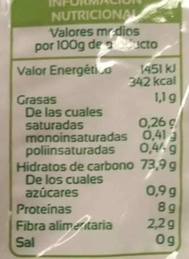 Arroz extra nutrition facts table