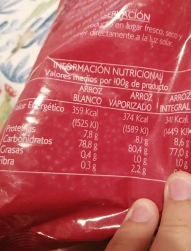Arroz Burcol nutrition facts table
