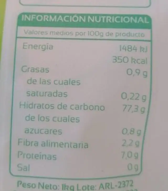 Arroz largo nutrition facts table