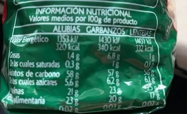 Legumbres nutrition facts table