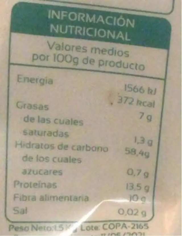Avena nutrition facts table