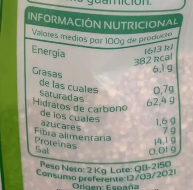 Quinoa Blanca nutrition facts table