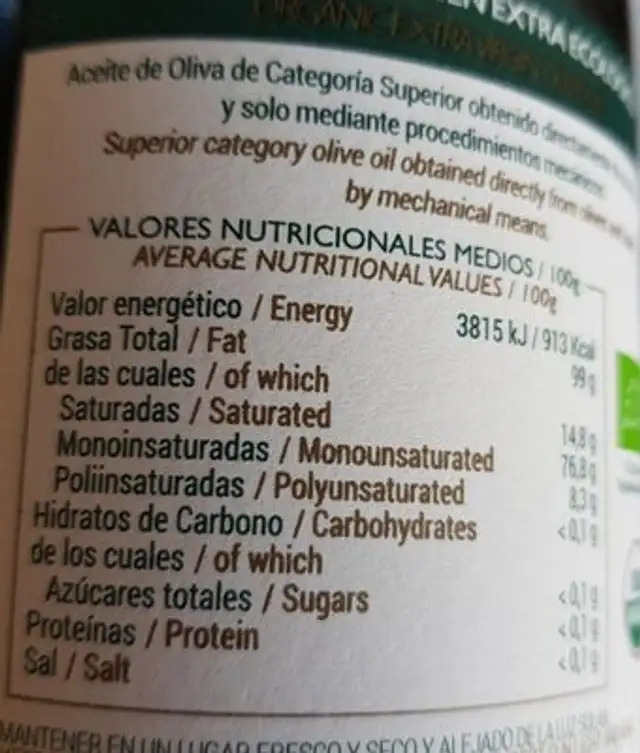 Aceite oliva virgen extra nutrition facts table