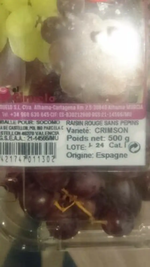 Raisin rouge sans pépins ingredients label