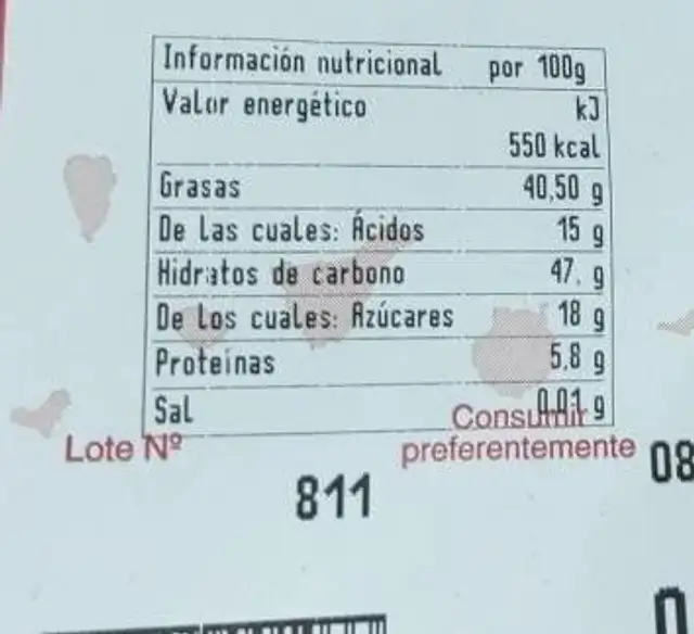 Palmera chocolate nutrition facts table