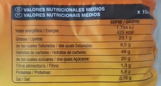 Gofre nutrition facts table