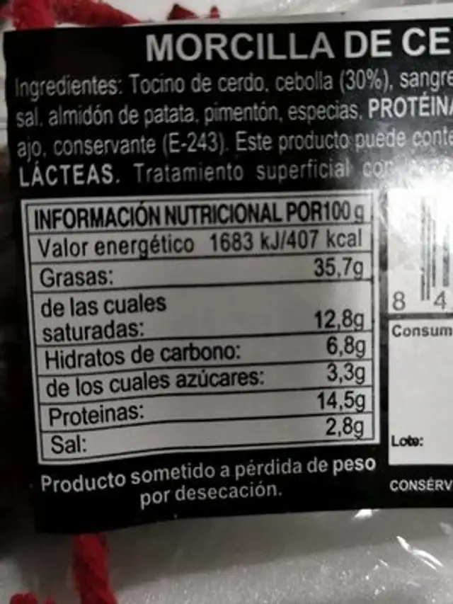 Morcilla de cebolla nutrition facts table