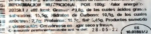 Longaniza Imperial nutrition facts table