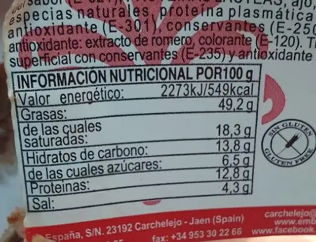 Morcilla achorizada picante nutrition facts table