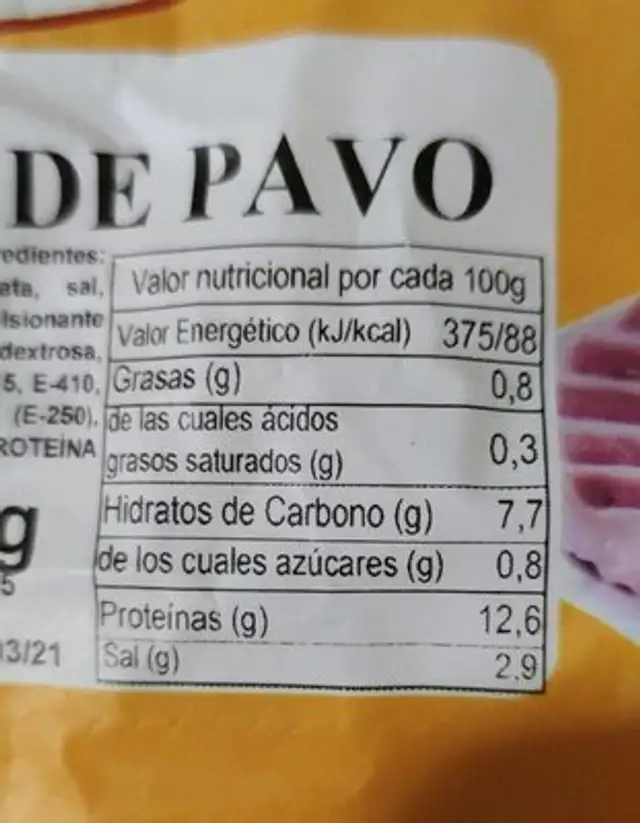 Pechuga de pavo nutrition facts table