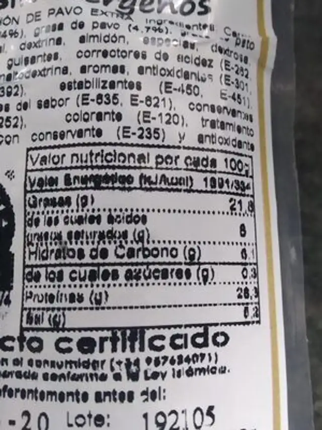 Salchichón de pavo nutrition facts table