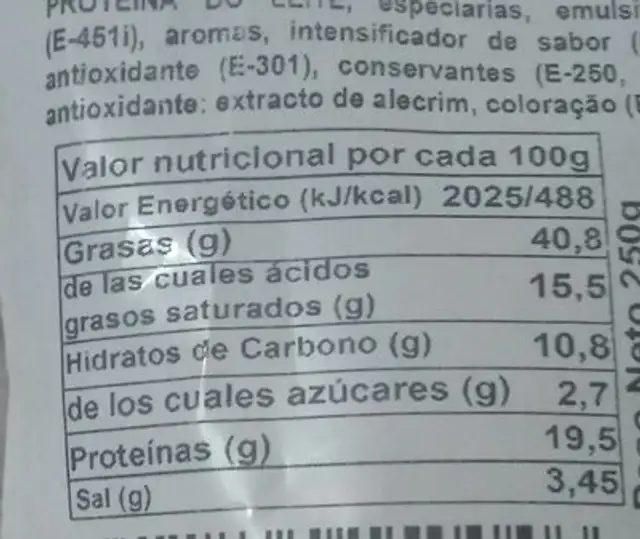 Longaniza imperial nutrition facts table