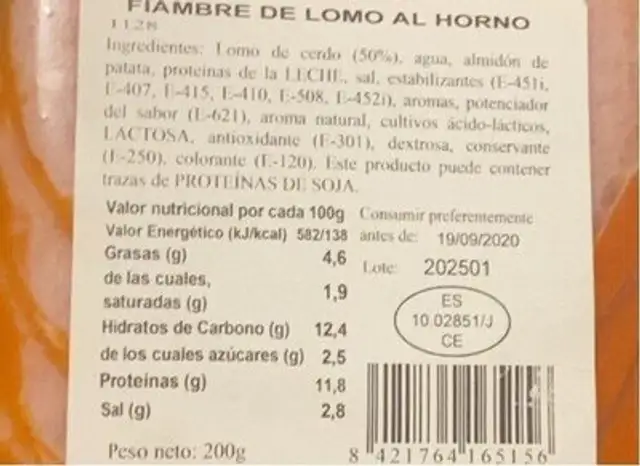 Fiambre de LOMO AL HORNO nutrition facts table