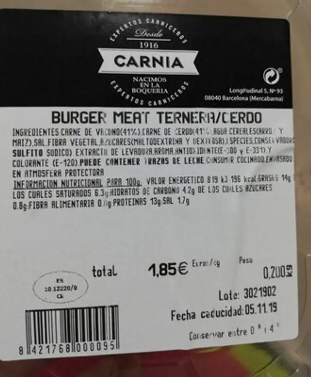 Burger meat ternera/cerdo nutrition facts table
