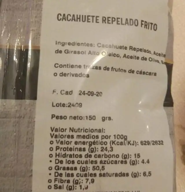 Cacahuete Pelado Frito nutrition facts table