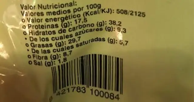 Frutos secos nutrition facts table