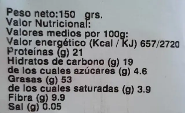 Frutos secos nutrition facts table